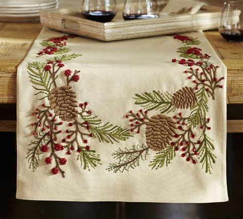 Brio Trends Hemstitch Table Runner with Embroidered Holiday Pine Cones Rustic Farmhouse Home Decor for Fall Winter Christmas or Thanksgiving  White 14 x 112 inch